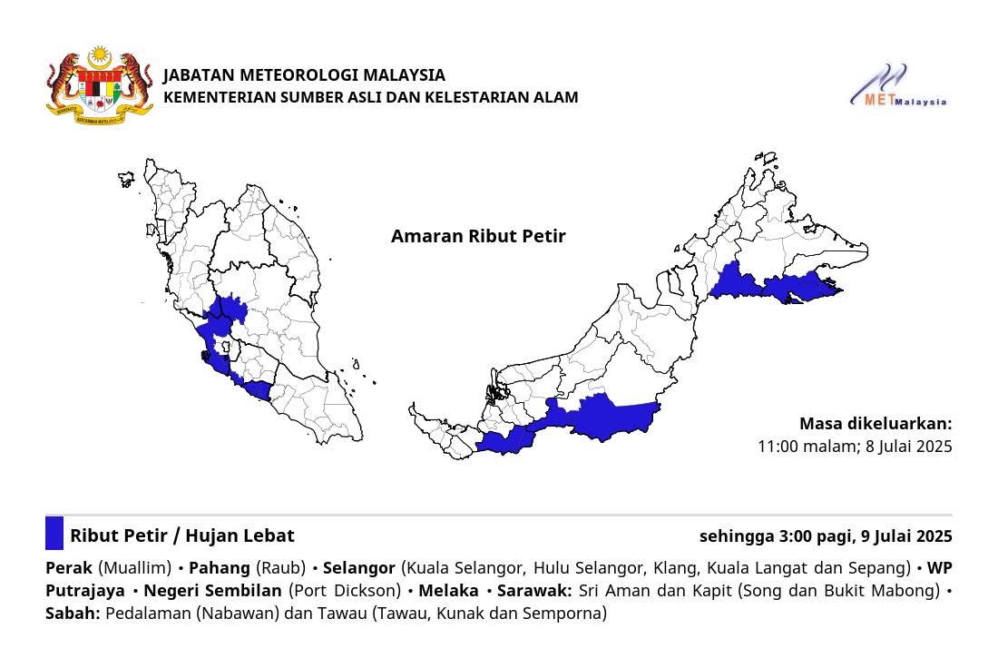 Hujan lebat, badai petir dari 7 negara bagian, 1 wp sampai pagi